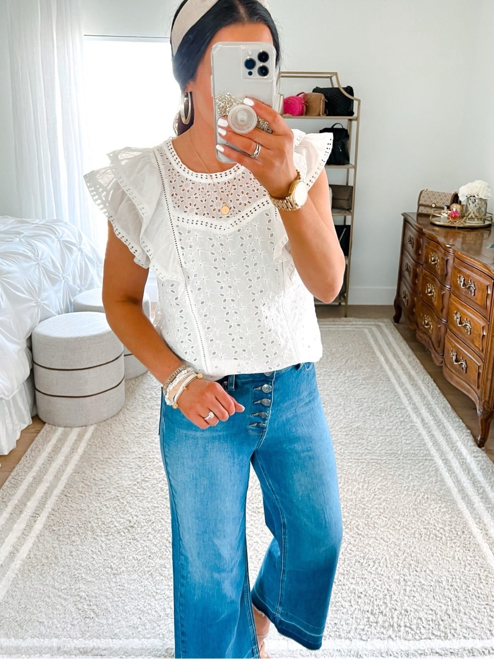 Good Hart Matilda Jane 100% Cotton Lovely Light Eyelet Ruffle Sleeve Top White L